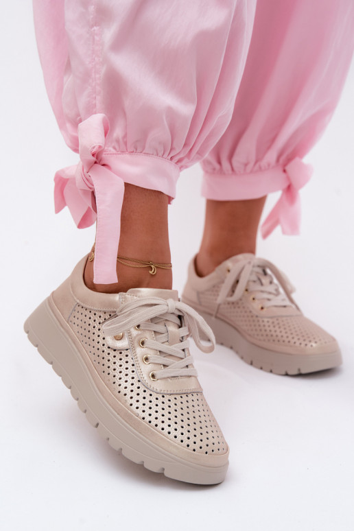 Skórzane Ażurowe Półbuty Damskie Vinceza 79629 Złote