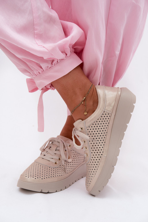 Leather Perforated Women's Shoes Vinceza 79629 Gold