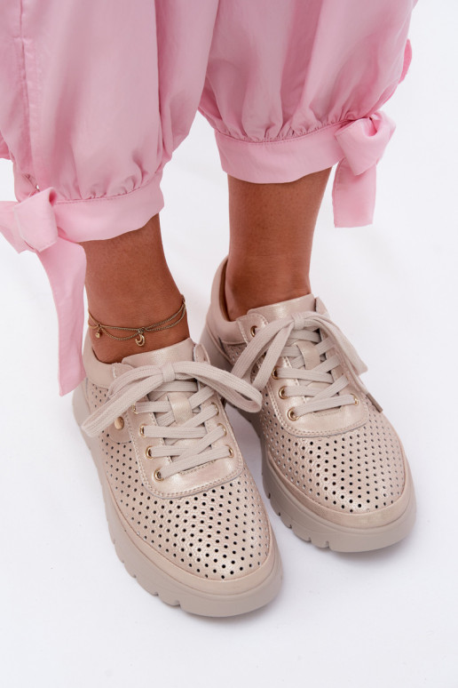 Skórzane Ażurowe Półbuty Damskie Vinceza 79629 Złote