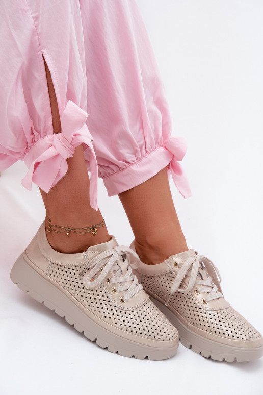 Skórzane Ażurowe Półbuty Damskie Vinceza 79629 Złote