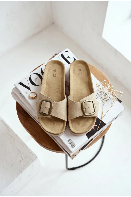 Suede Women's Slides With Buckle Dark Beige Emiline