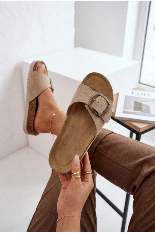 Suede Women's Slides With Buckle Dark Beige Emiline