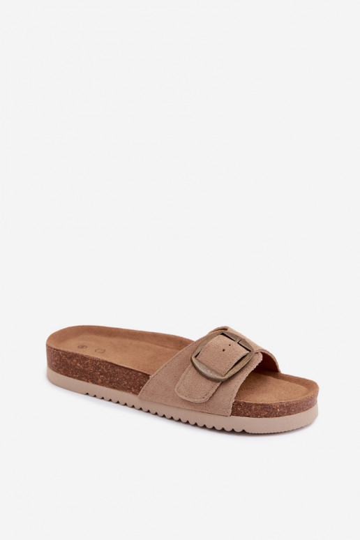 Suede Women's Slides With Buckle Dark Beige Emiline