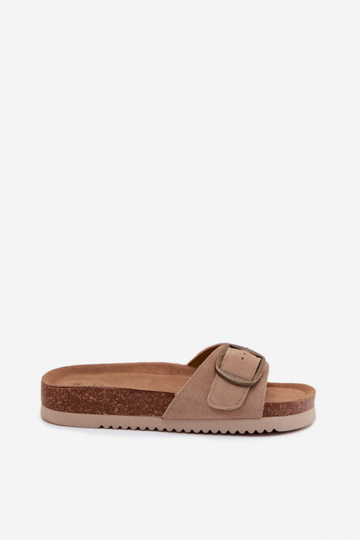 Suede Women's Slides With Buckle Dark Beige Emiline
