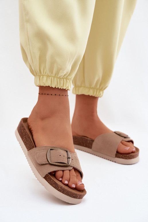 Suede Women's Slides With Buckle Dark Beige Emiline