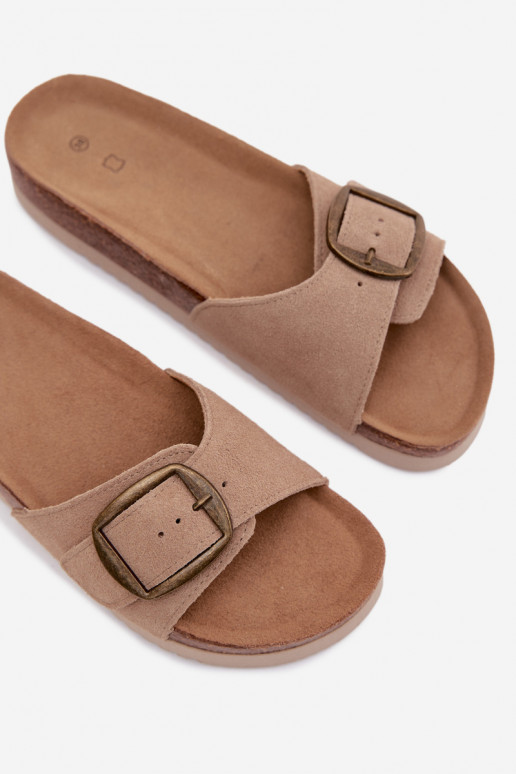 Suede Women's Slides With Buckle Dark Beige Emiline