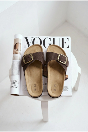 Chocolate suede women's slippers with buckles Emiline