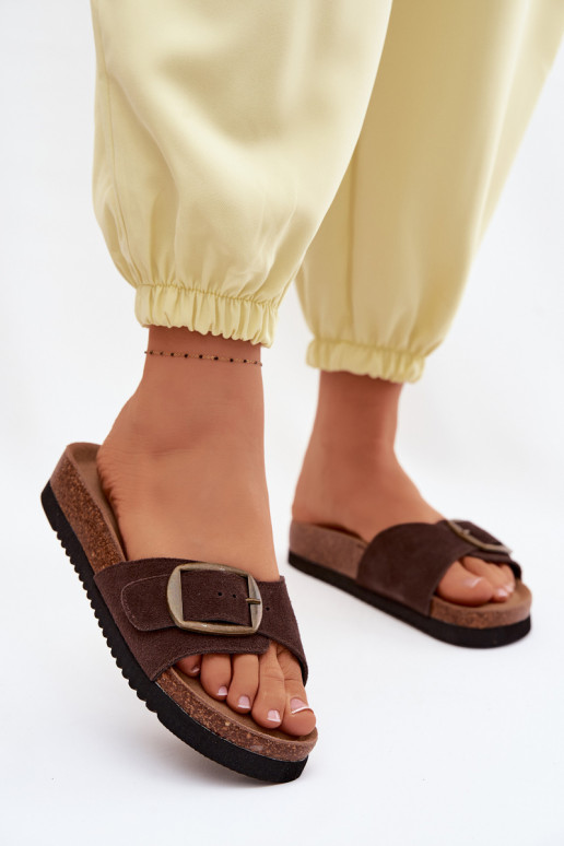 Women's Suede Slides With Buckle Chocolate Emiline