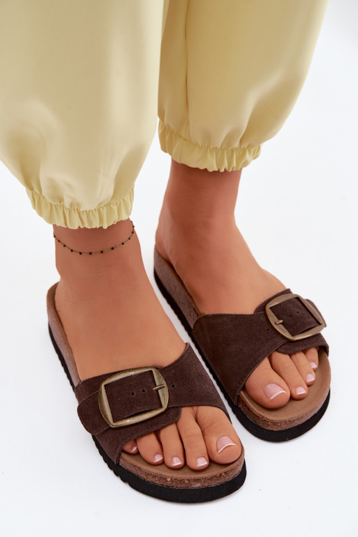 Chocolate suede women's slippers with buckles Emiline