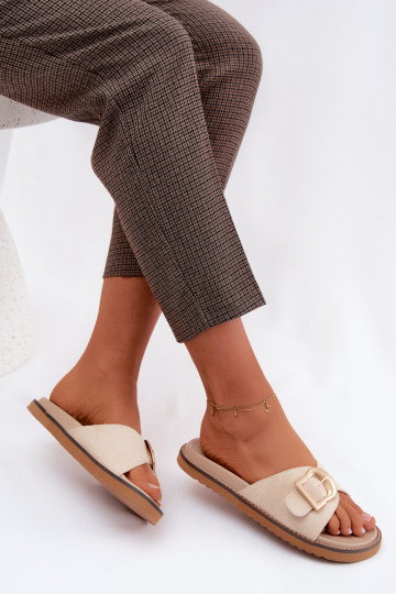 Women's Light Beige Slides With Gold Buckle Elviane