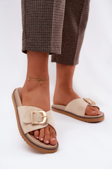 Women's Light Beige Slides With Gold Buckle Elviane 2