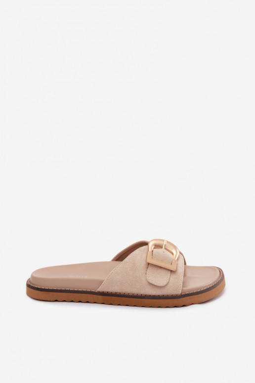 Women's Light Beige Slides With Gold Buckle Elviane