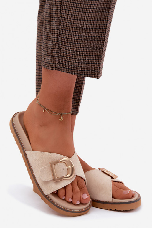 Women's Light Beige Slides With Gold Buckle Elviane