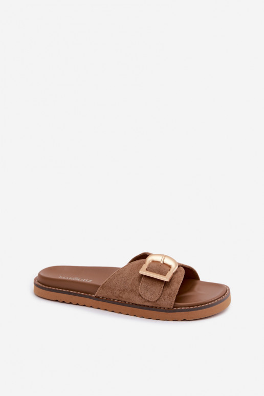 Women's Dark Beige Slides With Gold Buckle Elviane