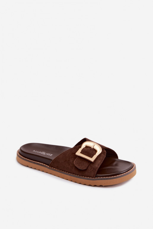 Chocolate women's slippers with gold buckles Elviane