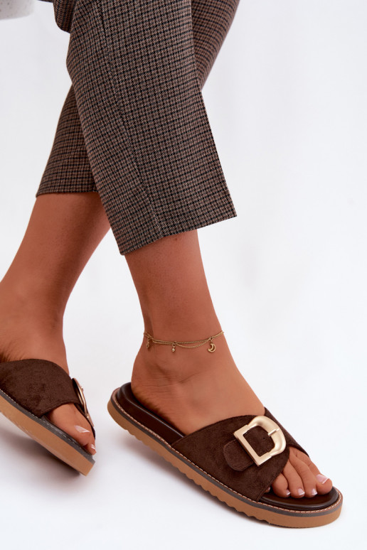 Women's Dark Beige Slides With Gold Buckle Elviane