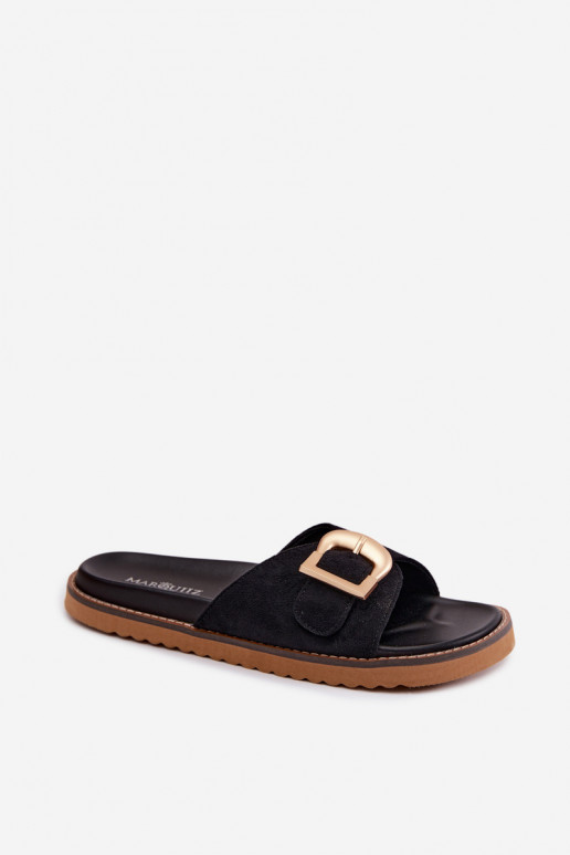 Black women's slippers with gold buckles Elviane