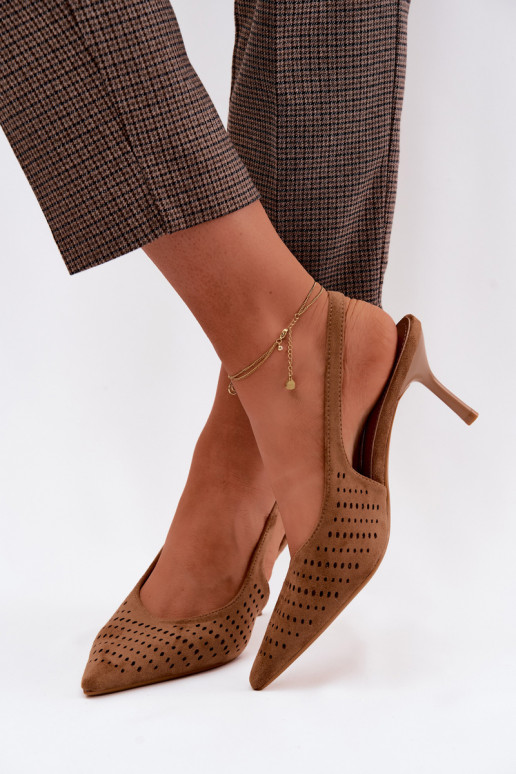 Women's Openwork Heeled Sandals Made of Faux Suede Light Brown Torielle