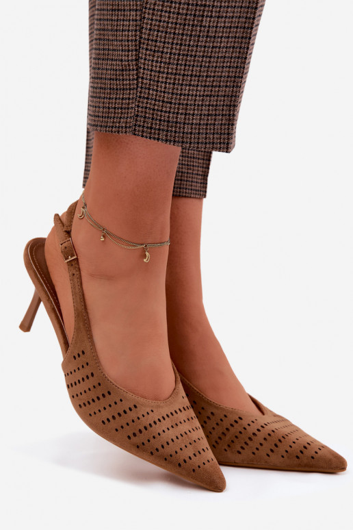 Women's Openwork Heeled Sandals Made of Faux Suede Light Brown Torielle