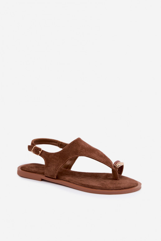 Gold flat sandals with faux suede details in brown Jelviane