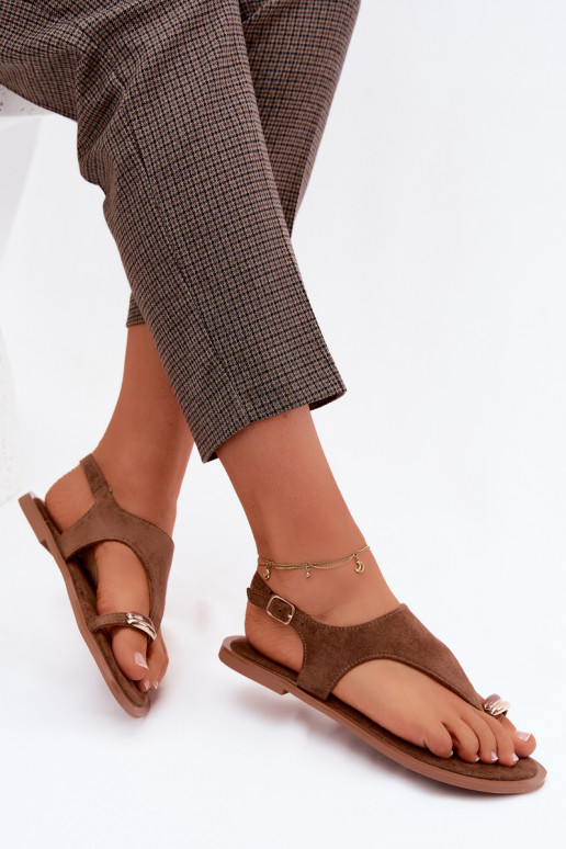 Women's Flat Sandals With Gold Detail Eco Suede Brown Jelviane