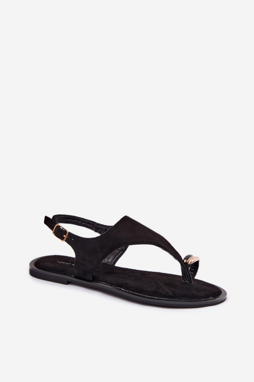 Women's Flat Sandals With Gold Detail Eco Suede Black Jelviane