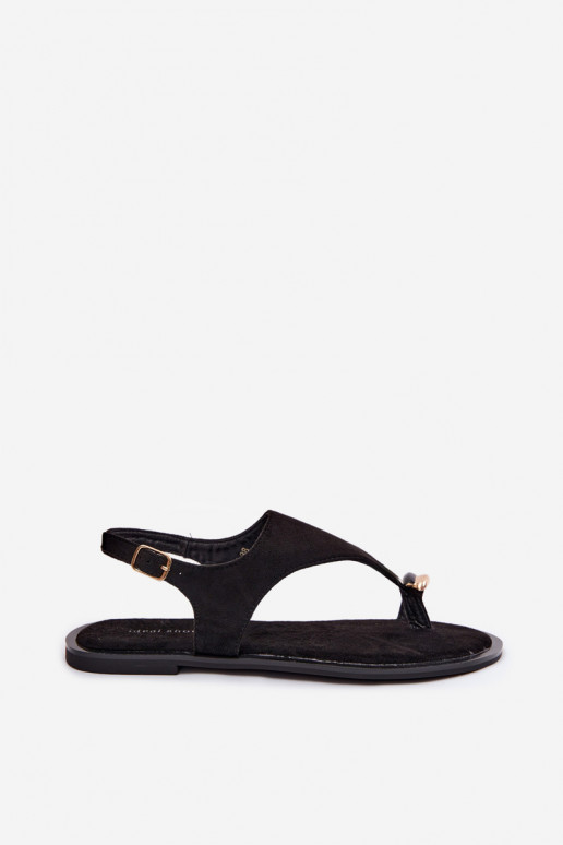 Women's Flat Sandals With Gold Detail Eco Suede Black Jelviane