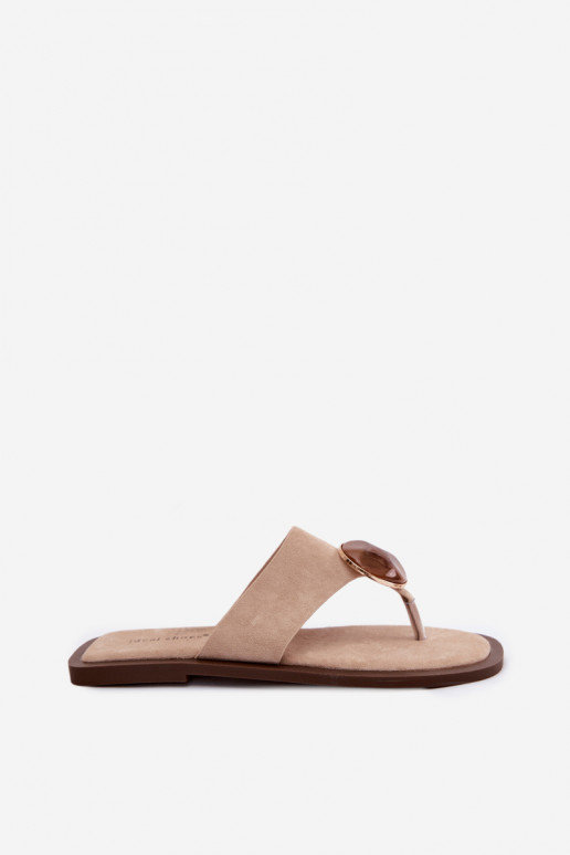 Sand-colored flat slippers with faux suede ornaments Selvessa