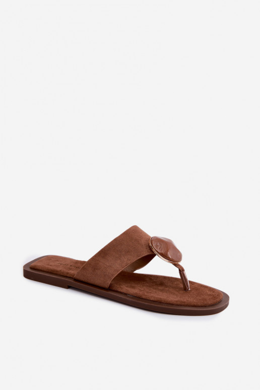 Women's Flat Flip Flops With Ornament Eco Suede Brown Selvessa