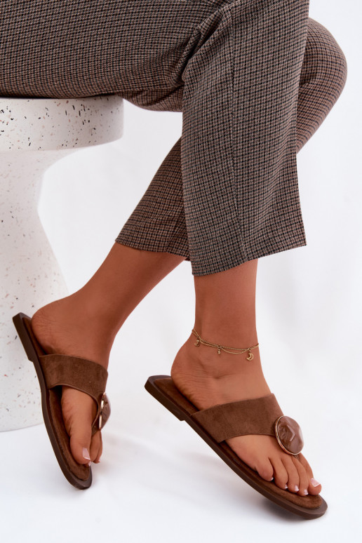 Brown flat slippers with faux suede ornaments Selvessa