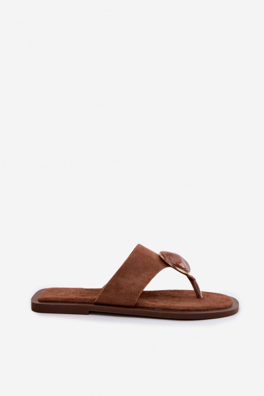 Women's Flat Flip Flops With Ornament Eco Suede Brown Selvessa