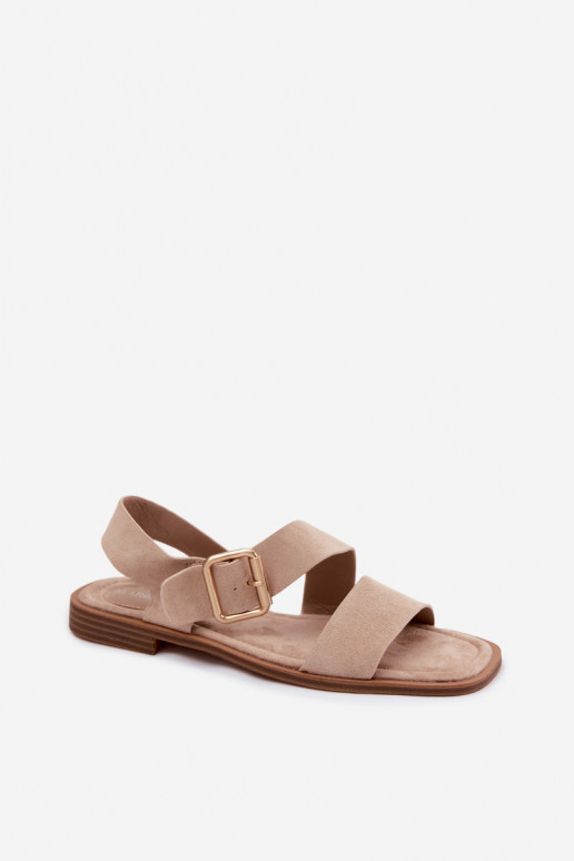 Sand-colored women's sandals with wide heels and gold buckles Verissea