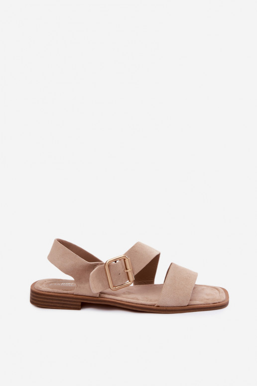 Sand-colored women's sandals with wide heels and gold buckles Verissea