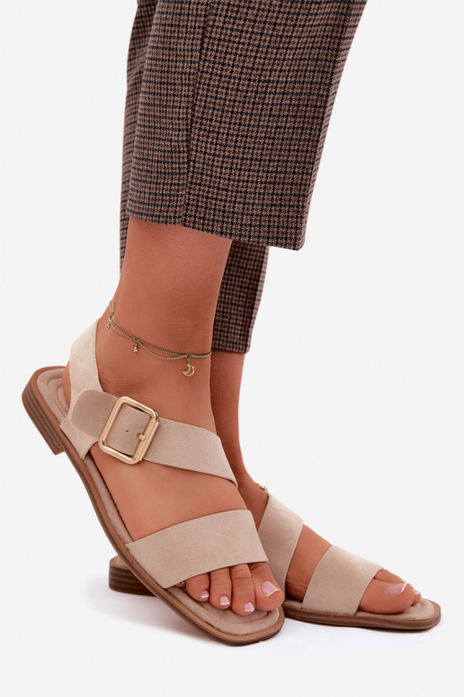 Sand-colored women's sandals with wide heels and gold buckles Verissea