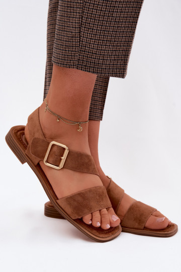 Women's Flat Heel Sandals With Gold Buckle Camel Verissea 2