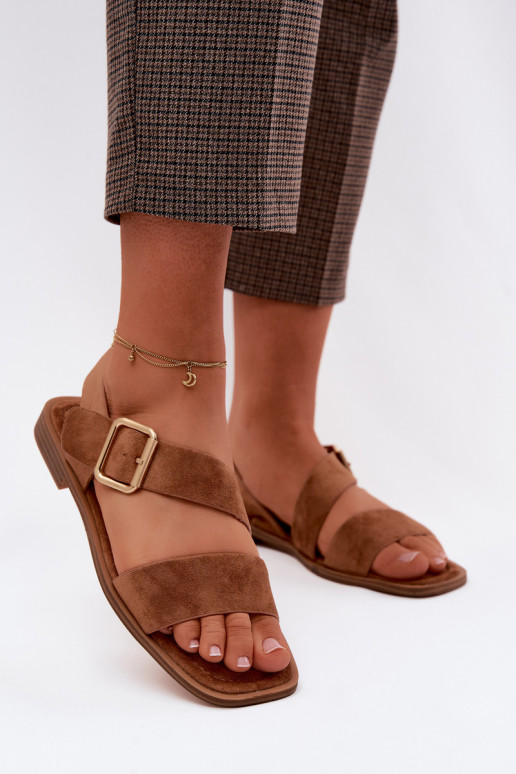 Women's Flat Heel Sandals With Gold Buckle Camel Verissea