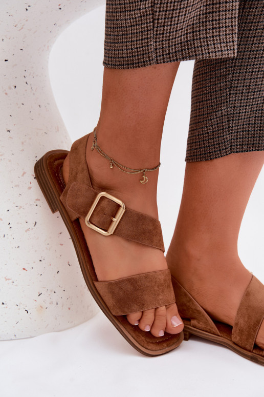 Brown women's sandals with wide heels and gold buckles Verissea