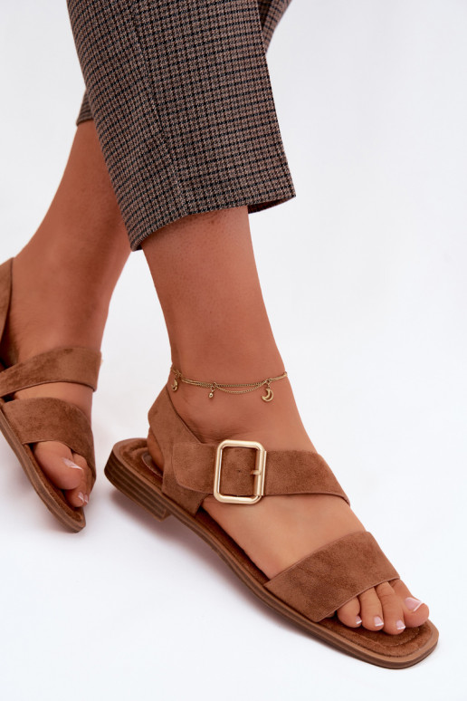 Women's Flat Heel Sandals With Gold Buckle Camel Verissea