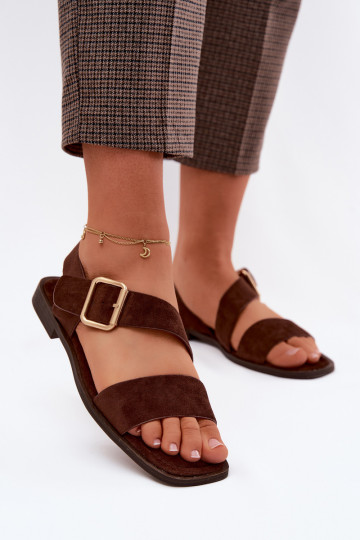 Women's Flat Heel Sandals With Gold Buckle Chocolate Verissea 2