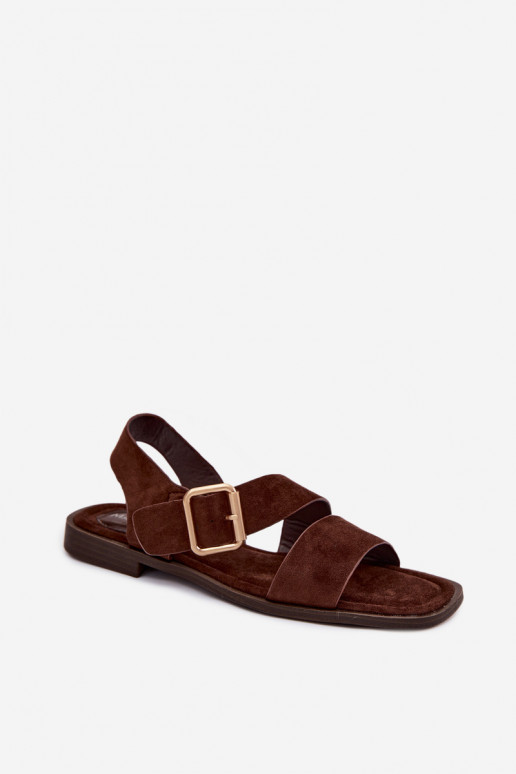 Chocolate women's sandals with wide heels and gold buckles Verissea