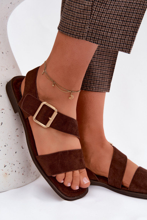 Women's Flat Heel Sandals With Gold Buckle Chocolate Verissea