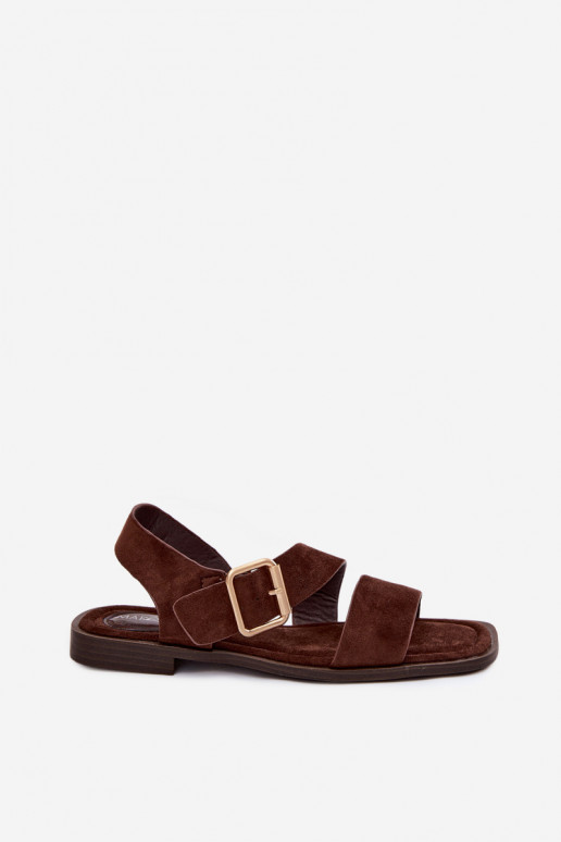 Chocolate women's sandals with wide heels and gold buckles Verissea