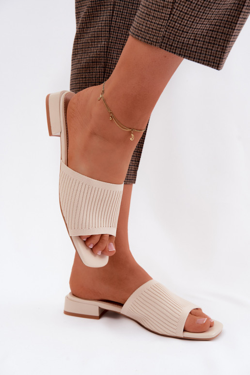 Materiałowe Klapki Damskie Na Płaskim Obcasie Jasnobeżowe Belissea