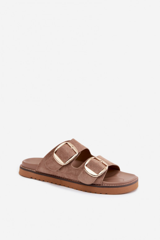 Women's Suede Look Slides With Gold Buckles Khaki Averia