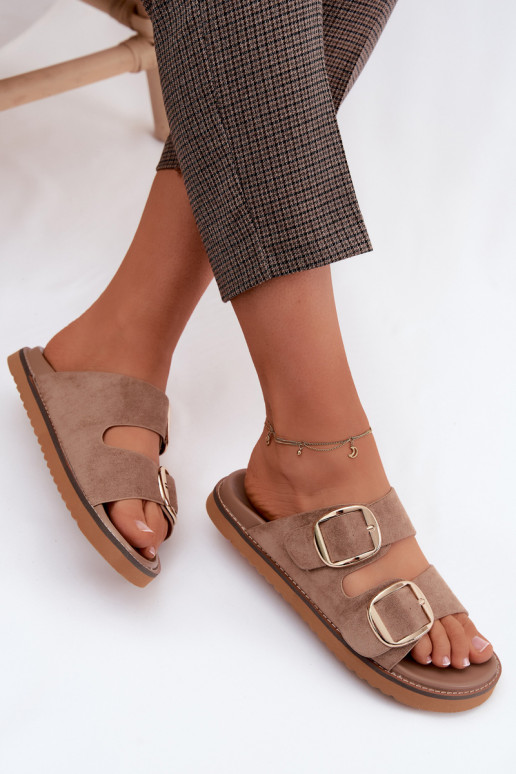 Women's Suede Look Slides With Gold Buckles Khaki Averia