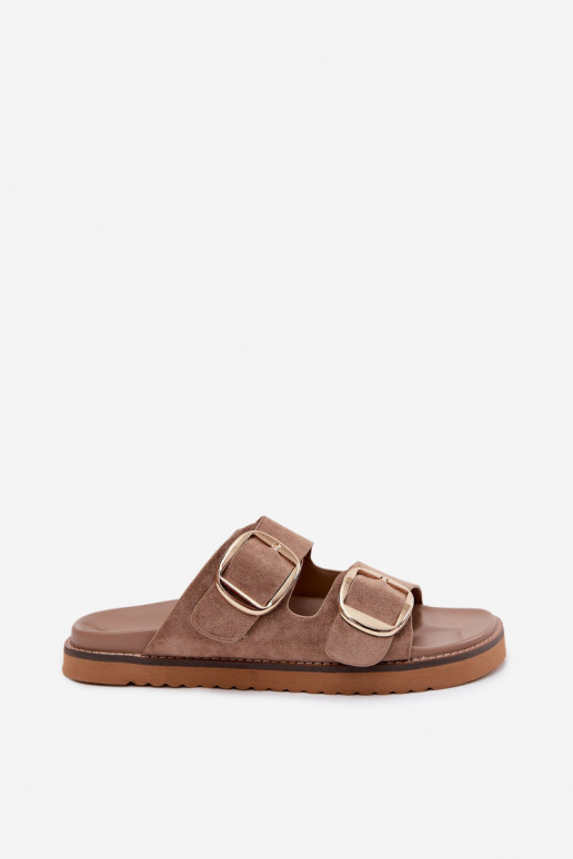 Gold women's slippers with faux suede buckles in khaki Averia