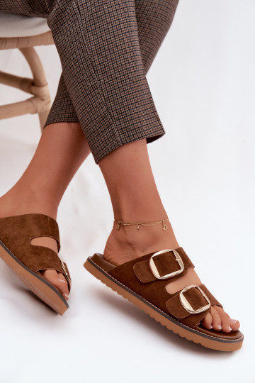 Women's Suede-Look Slides With Gold Buckles Camel Averia