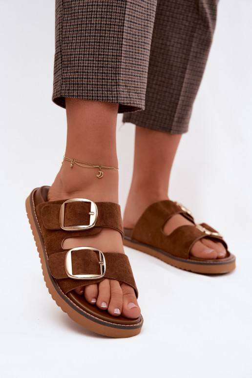 Women's Suede-Look Slides With Gold Buckles Camel Averia