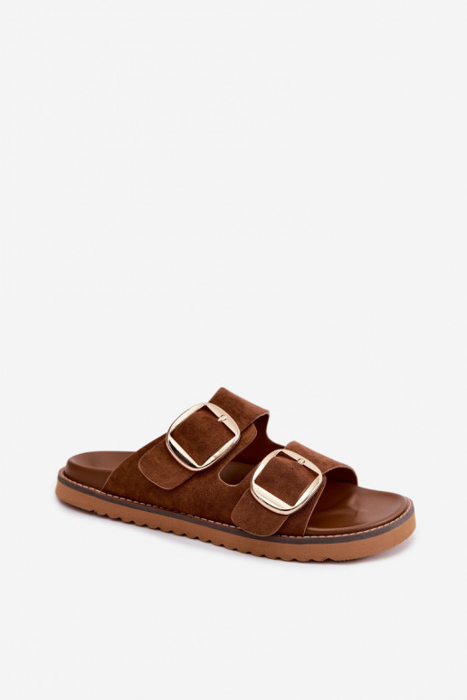 Women's Suede-Look Slides With Gold Buckles Camel Averia