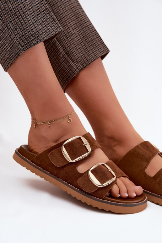 Women's Suede-Look Slides With Gold Buckles Camel Averia